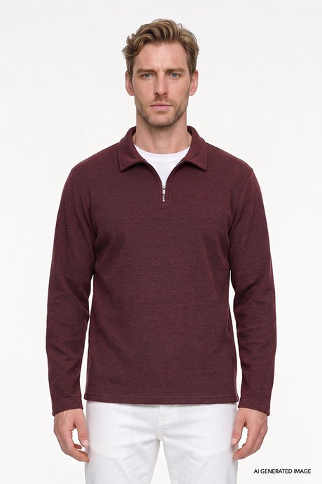 Pamuklu Standart Fit Normal Kesim Polo Yaka Bordo Sweatshirt resmi