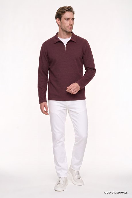Pamuklu Standart Fit Normal Kesim Polo Yaka Bordo Sweatshirt resmi