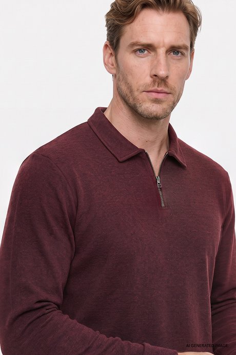 Pamuklu Standart Fit Normal Kesim Polo Yaka Bordo Sweatshirt resmi