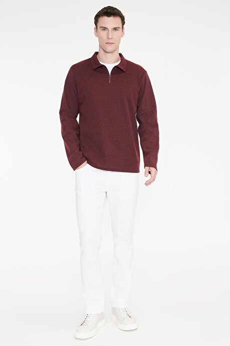 Pamuklu Standart Fit Normal Kesim Polo Yaka Bordo Sweatshirt resmi