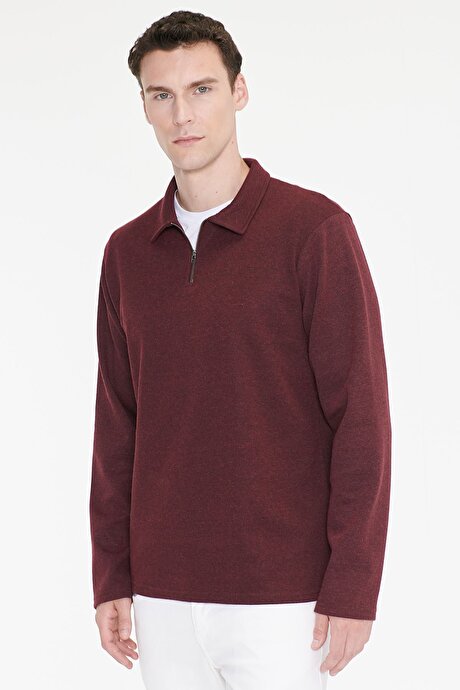 Pamuklu Standart Fit Normal Kesim Polo Yaka Bordo Sweatshirt resmi
