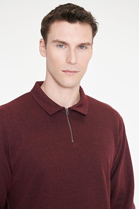Pamuklu Standart Fit Normal Kesim Polo Yaka Bordo Sweatshirt resmi