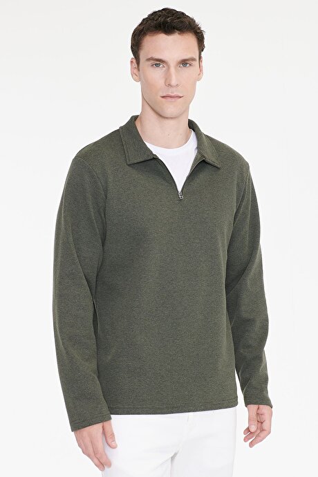 Pamuklu Standart Fit Normal Kesim Polo Yaka Haki Sweatshirt resmi