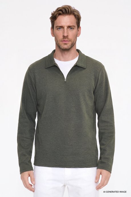 Pamuklu Standart Fit Normal Kesim Polo Yaka Haki Sweatshirt resmi