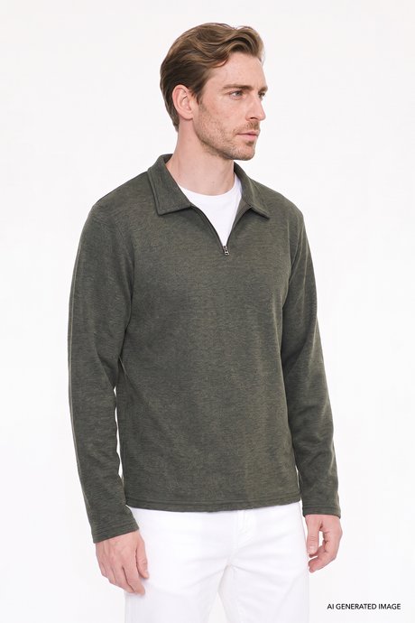Pamuklu Standart Fit Normal Kesim Polo Yaka Haki Sweatshirt resmi