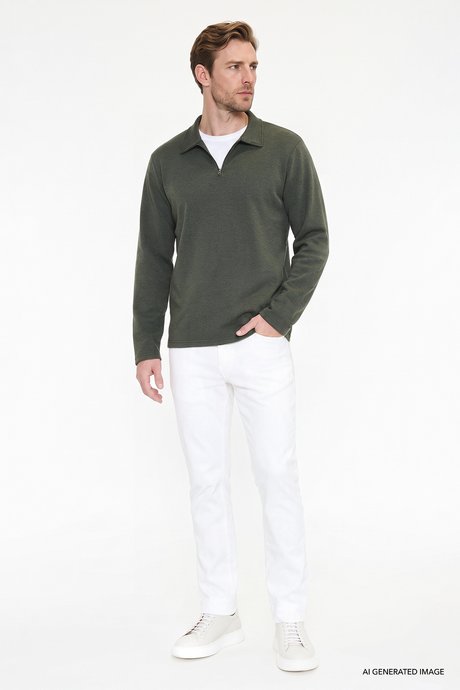Pamuklu Standart Fit Normal Kesim Polo Yaka Haki Sweatshirt resmi
