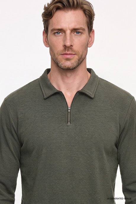 Pamuklu Standart Fit Normal Kesim Polo Yaka Haki Sweatshirt resmi