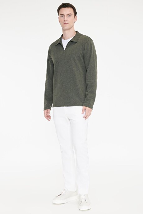 Pamuklu Standart Fit Normal Kesim Polo Yaka Haki Sweatshirt resmi