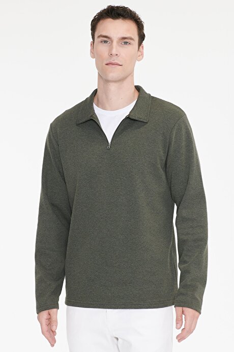 Pamuklu Standart Fit Normal Kesim Polo Yaka Haki Sweatshirt resmi