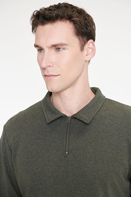 Pamuklu Standart Fit Normal Kesim Polo Yaka Haki Sweatshirt resmi