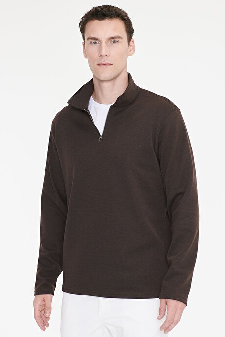 Pamuklu Standart Fit Normal Kesim Polo Yaka Kahverengi Sweatshirt resmi
