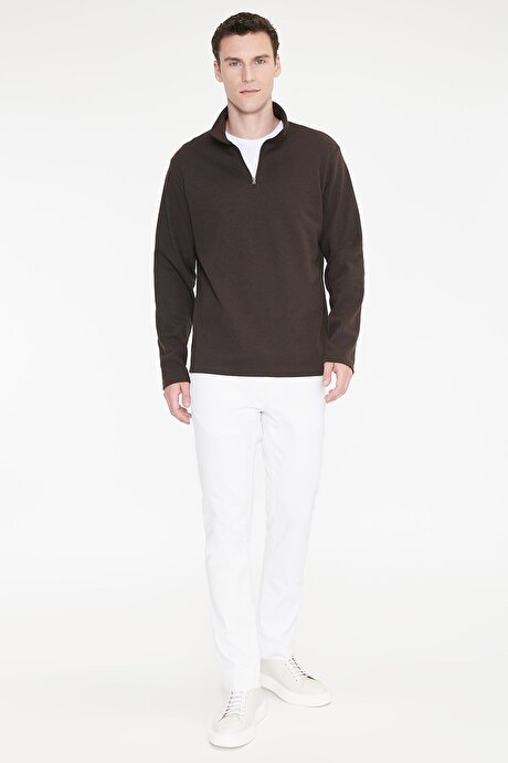 Pamuklu Standart Fit Normal Kesim Polo Yaka Kahverengi Sweatshirt resmi