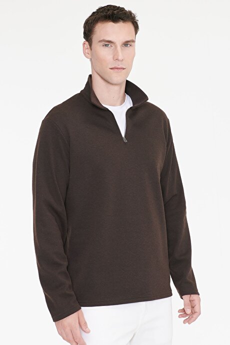Pamuklu Standart Fit Normal Kesim Polo Yaka Kahverengi Sweatshirt resmi