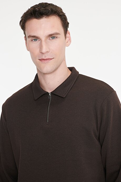 Pamuklu Standart Fit Normal Kesim Polo Yaka Kahverengi Sweatshirt resmi