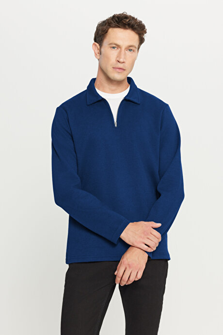 Pamuklu Standart Fit Normal Kesim Polo Yaka Lacivert Sweatshirt resmi