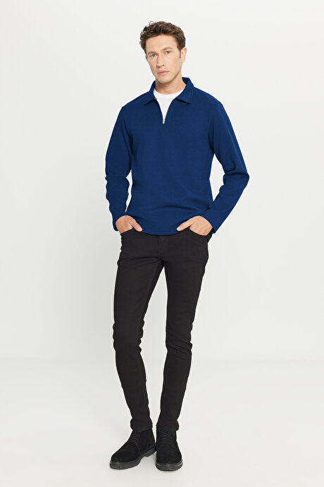 Pamuklu Standart Fit Normal Kesim Polo Yaka Lacivert Sweatshirt resmi