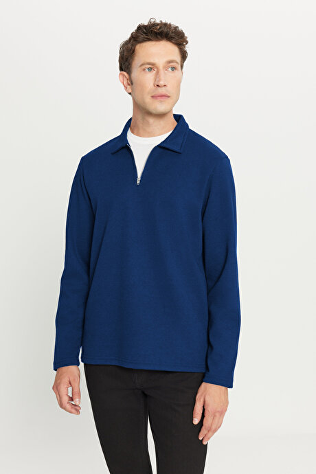 Pamuklu Standart Fit Normal Kesim Polo Yaka Lacivert Sweatshirt resmi
