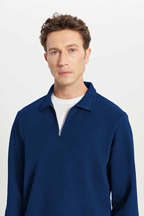 Pamuklu Standart Fit Normal Kesim Polo Yaka Lacivert Sweatshirt resmi