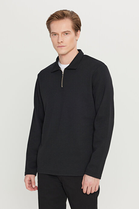 Pamuklu Standart Fit Normal Kesim Polo Yaka Siyah Sweatshirt resmi