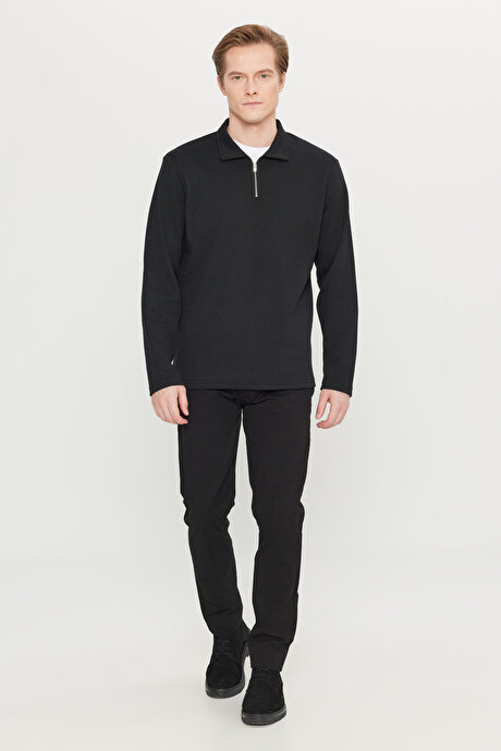 Pamuklu Standart Fit Normal Kesim Polo Yaka Siyah Sweatshirt resmi