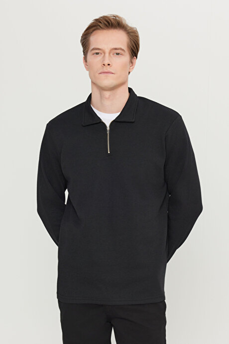 Pamuklu Standart Fit Normal Kesim Polo Yaka Siyah Sweatshirt resmi