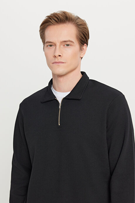 Pamuklu Standart Fit Normal Kesim Polo Yaka Siyah Sweatshirt resmi