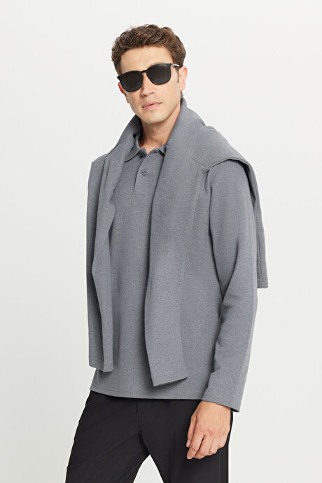Pamuklu Standart Fit Normal Kesim Polo Yaka Gri Sweatshirt resmi