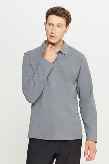 Pamuklu Standart Fit Normal Kesim Polo Yaka Gri Sweatshirt resmi