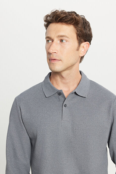 Pamuklu Standart Fit Normal Kesim Polo Yaka Gri Sweatshirt resmi
