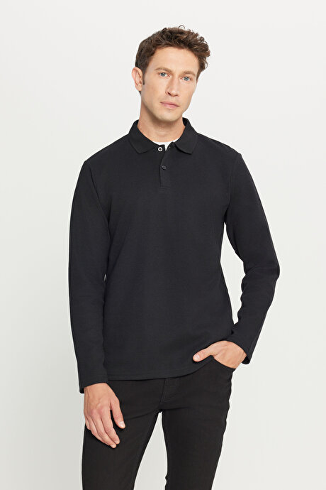 Pamuklu Standart Fit Normal Kesim Polo Yaka Siyah Sweatshirt resmi