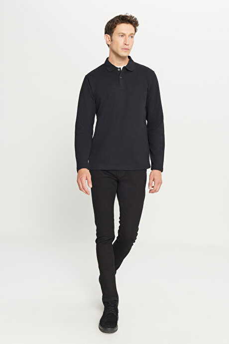 Pamuklu Standart Fit Normal Kesim Polo Yaka Siyah Sweatshirt resmi
