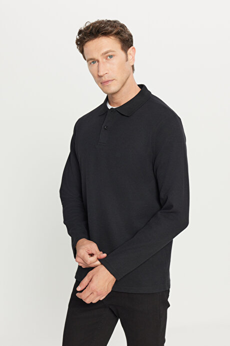 Pamuklu Standart Fit Normal Kesim Polo Yaka Siyah Sweatshirt resmi