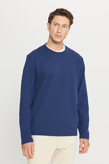 Pamuklu Standart Fit Normal Kesim Bisiklet Yaka Lacivert Sweatshirt resmi