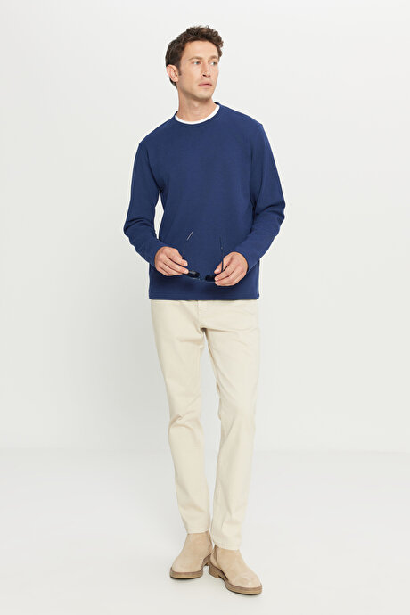 Pamuklu Standart Fit Normal Kesim Bisiklet Yaka Lacivert Sweatshirt resmi