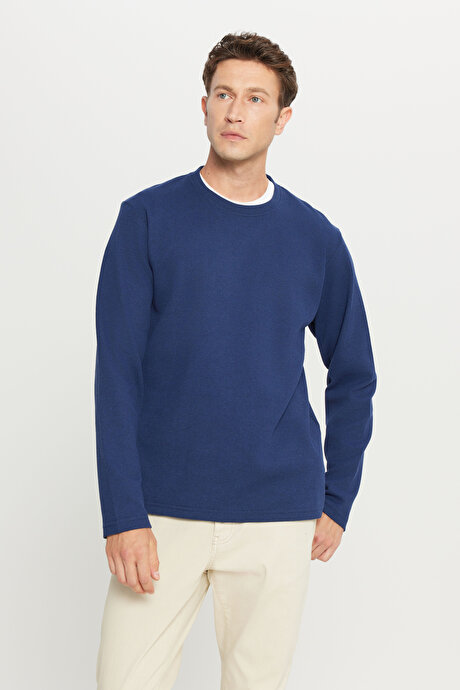 Pamuklu Standart Fit Normal Kesim Bisiklet Yaka Lacivert Sweatshirt resmi