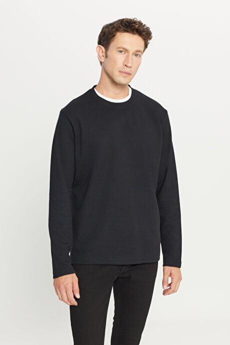 Pamuklu Standart Fit Normal Kesim Bisiklet Yaka Siyah Sweatshirt resmi