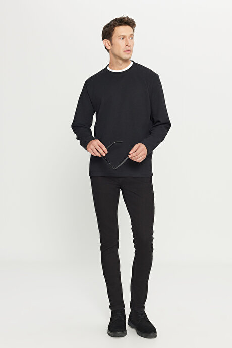 Pamuklu Standart Fit Normal Kesim Bisiklet Yaka Siyah Sweatshirt resmi