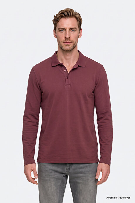 %100 Pamuk Standart Fit Normal Kesim Polo Yaka Bordo Sweatshirt resmi
