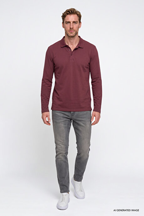 %100 Pamuk Standart Fit Normal Kesim Polo Yaka Bordo Sweatshirt resmi