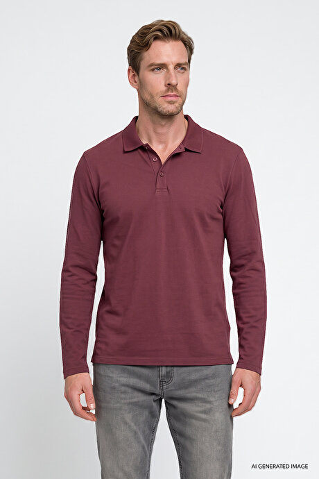 %100 Pamuk Standart Fit Normal Kesim Polo Yaka Bordo Sweatshirt resmi