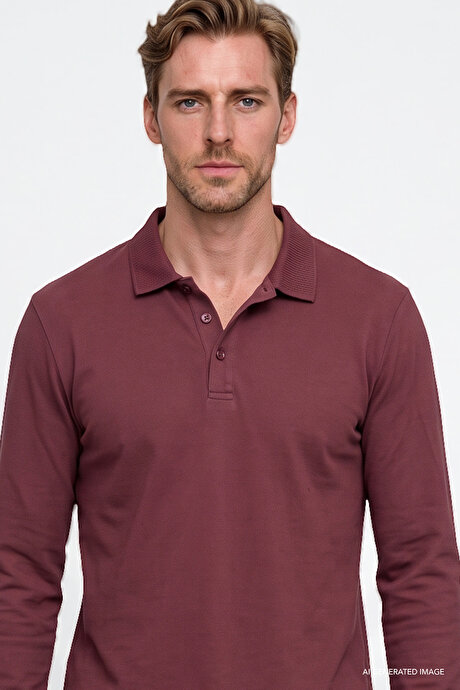 %100 Pamuk Standart Fit Normal Kesim Polo Yaka Bordo Sweatshirt resmi