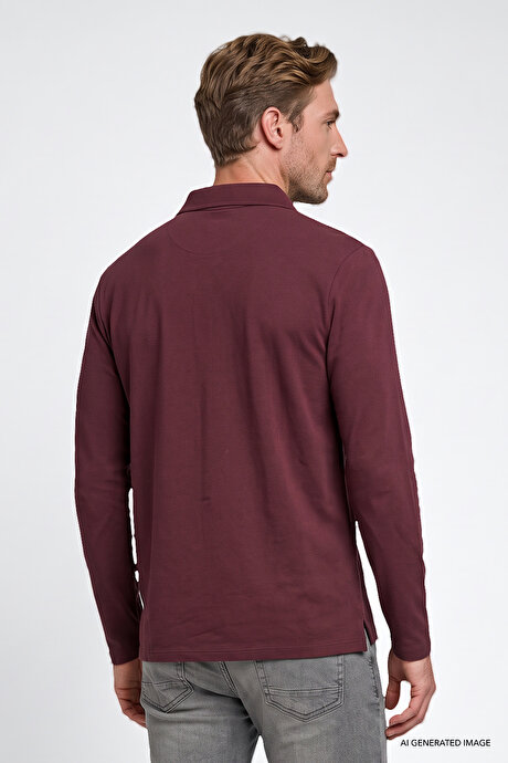 %100 Pamuk Standart Fit Normal Kesim Polo Yaka Bordo Sweatshirt resmi