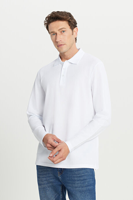 %100 Pamuk Standart Fit Normal Kesim Polo Yaka Beyaz Sweatshirt resmi