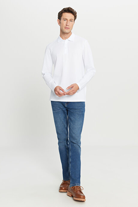 %100 Pamuk Standart Fit Normal Kesim Polo Yaka Beyaz Sweatshirt resmi