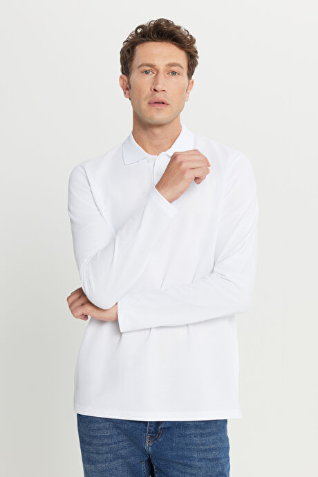 %100 Pamuk Standart Fit Normal Kesim Polo Yaka Beyaz Sweatshirt resmi