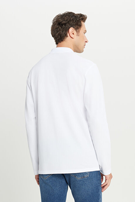 %100 Pamuk Standart Fit Normal Kesim Polo Yaka Beyaz Sweatshirt resmi