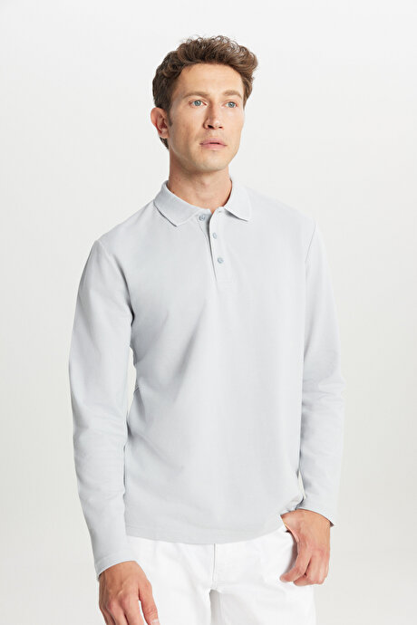 %100 Pamuk Standart Fit Normal Kesim Polo Yaka Gri Sweatshirt resmi