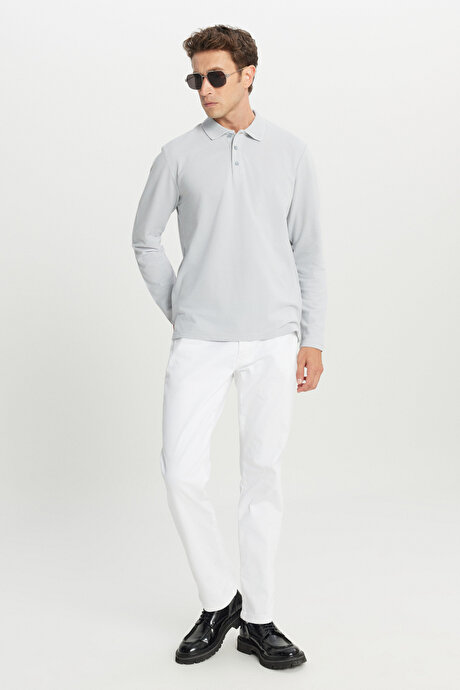 %100 Pamuk Standart Fit Normal Kesim Polo Yaka Gri Sweatshirt resmi