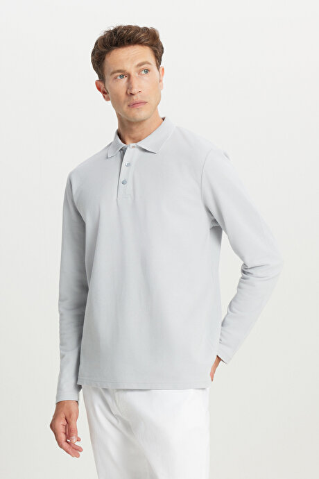 %100 Pamuk Standart Fit Normal Kesim Polo Yaka Gri Sweatshirt resmi