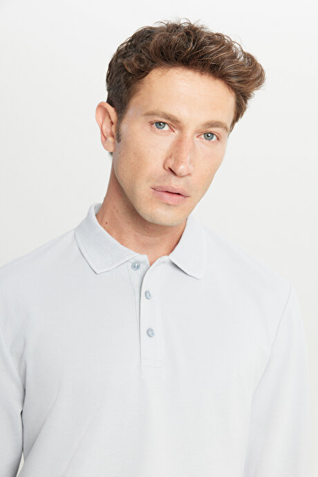 %100 Pamuk Standart Fit Normal Kesim Polo Yaka Gri Sweatshirt resmi